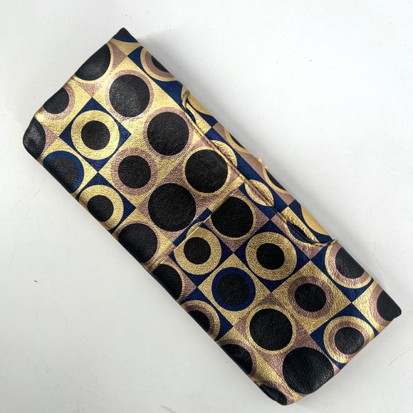 Hobo Kisslock Clutch Envelope Purse Metallic Geometric Circles Leather Modern